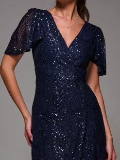 Jolie Moi Occasion Dresses|Party Dresses-Sequin Angel Sleeve Ruffle Hem Maxi Dress, Navy