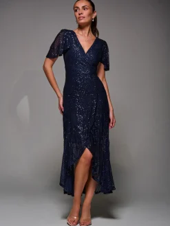 Jolie Moi Occasion Dresses|Party Dresses-Sequin Angel Sleeve Ruffle Hem Maxi Dress, Navy
