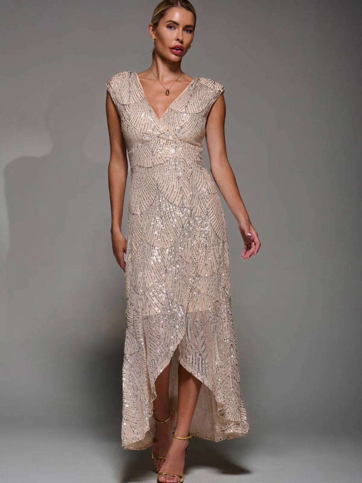 Jolie Moi Occasion Dresses|Sleeveless Dresses-Sequin Asymmetric Ruffle Hem Maxi Dress, Beige Sliver
