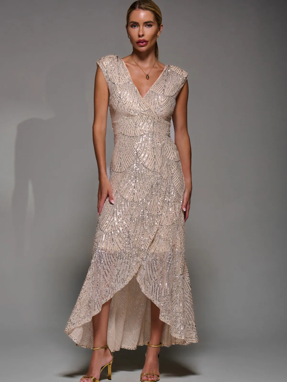 Jolie Moi Occasion Dresses|Sleeveless Dresses-Sequin Asymmetric Ruffle Hem Maxi Dress, Beige Sliver
