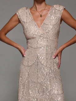 Jolie Moi Occasion Dresses|Sleeveless Dresses-Sequin Asymmetric Ruffle Hem Maxi Dress, Beige Sliver