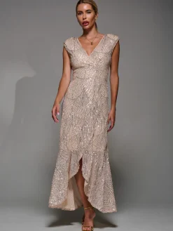 Jolie Moi Occasion Dresses|Sleeveless Dresses-Sequin Asymmetric Ruffle Hem Maxi Dress, Beige Sliver