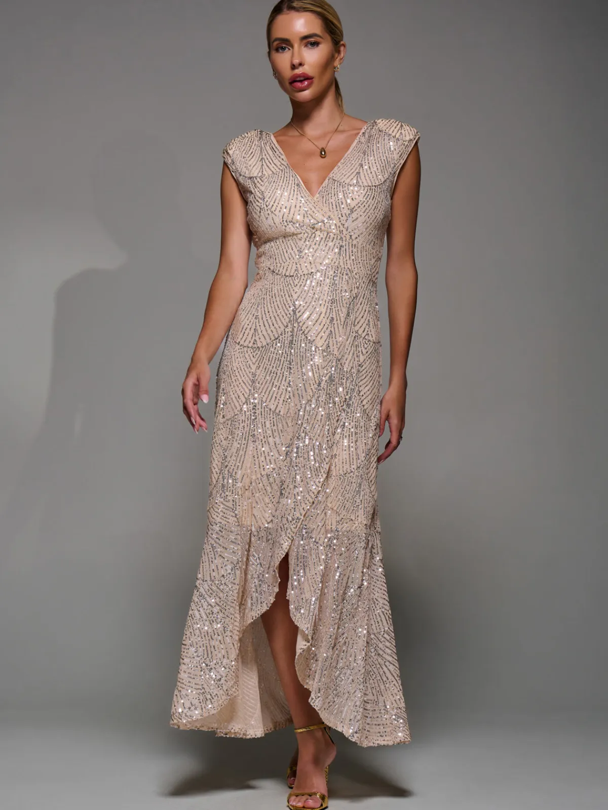 Jolie Moi Occasion Dresses|Sleeveless Dresses-Sequin Asymmetric Ruffle Hem Maxi Dress, Beige Sliver