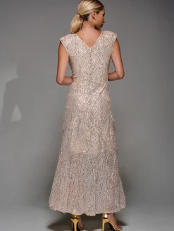 Jolie Moi Occasion Dresses|Sleeveless Dresses-Sequin Asymmetric Ruffle Hem Maxi Dress, Beige Sliver