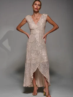 Jolie Moi Occasion Dresses|Sleeveless Dresses-Sequin Asymmetric Ruffle Hem Maxi Dress, Beige Sliver