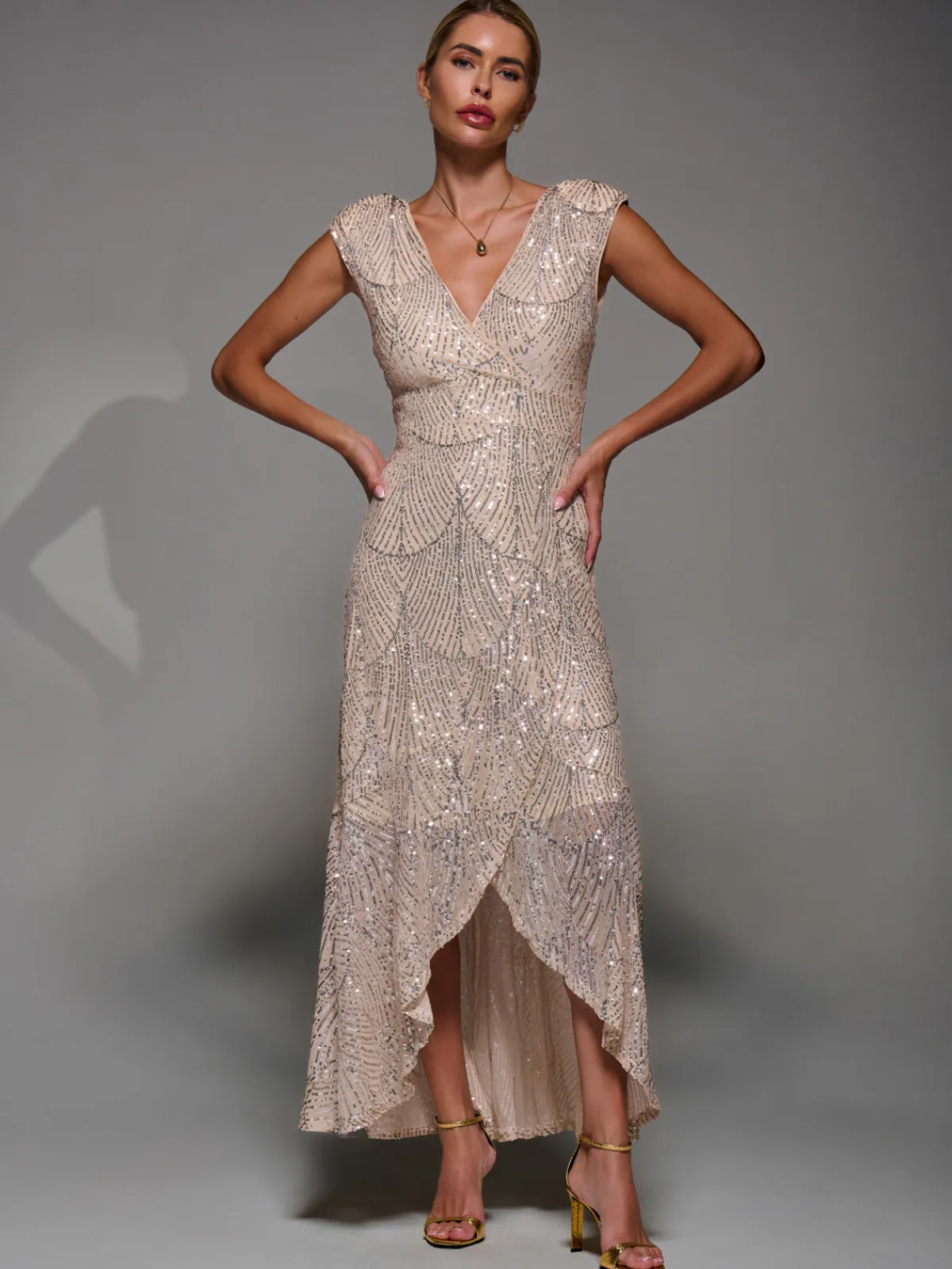 Jolie Moi Occasion Dresses|Sleeveless Dresses-Sequin Asymmetric Ruffle Hem Maxi Dress, Beige Sliver