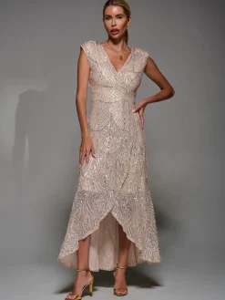 Jolie Moi Occasion Dresses|Sleeveless Dresses-Sequin Asymmetric Ruffle Hem Maxi Dress, Beige Sliver