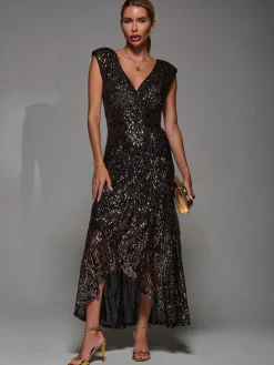 Jolie Moi Occasion Dresses|Sleeveless Dresses-Sequin Asymmetric Ruffle Hem Maxi Dress, Black Gold