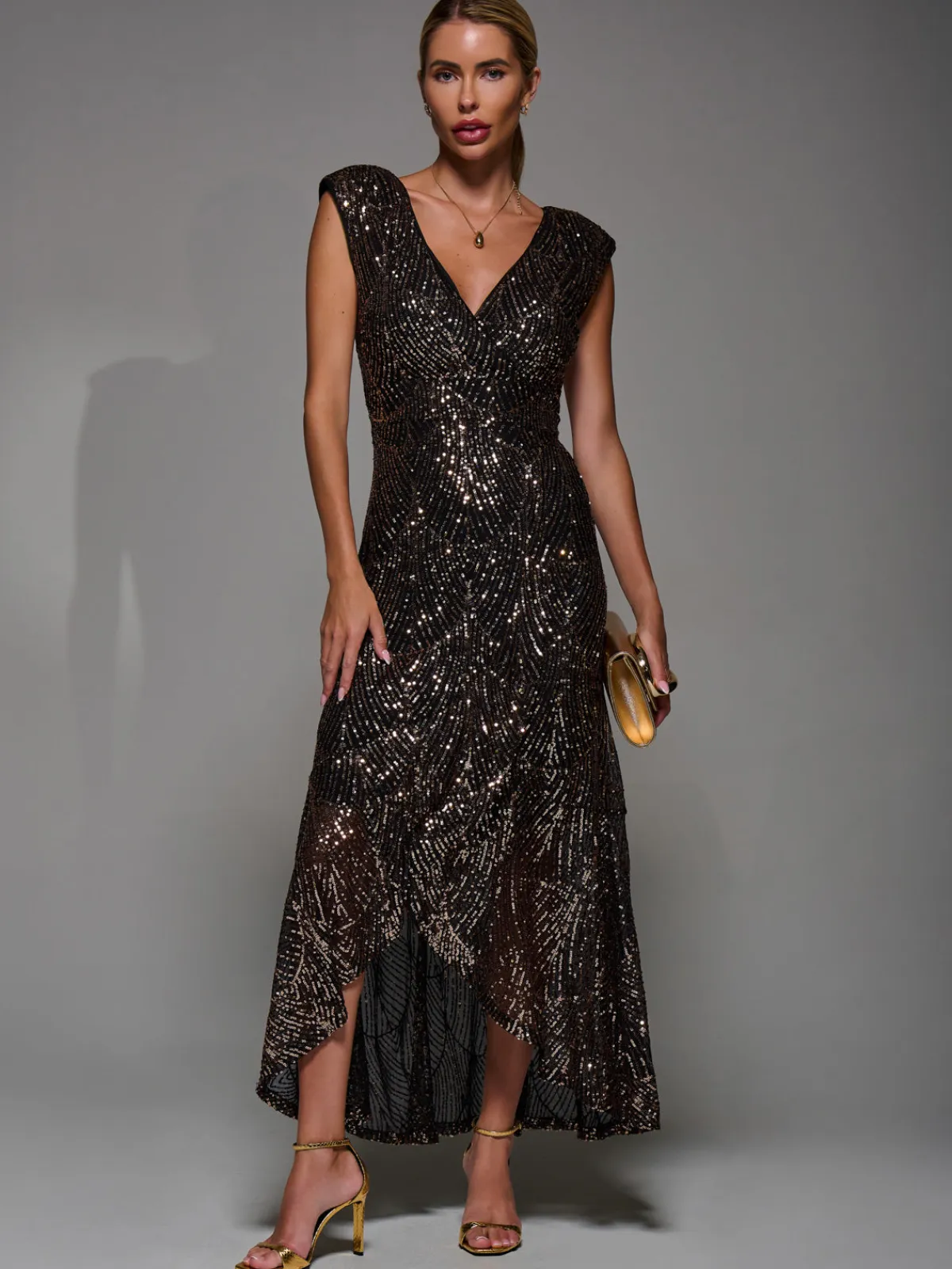 Jolie Moi Occasion Dresses|Sleeveless Dresses-Sequin Asymmetric Ruffle Hem Maxi Dress, Black Gold