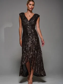 Jolie Moi Occasion Dresses|Sleeveless Dresses-Sequin Asymmetric Ruffle Hem Maxi Dress, Black Gold