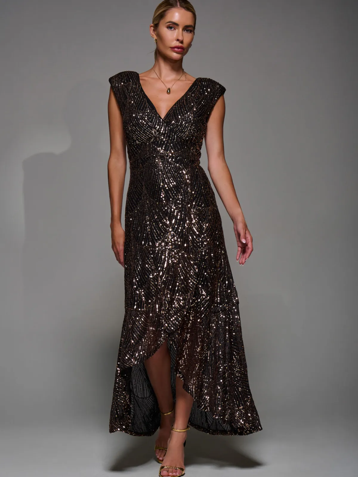 Jolie Moi Occasion Dresses|Sleeveless Dresses-Sequin Asymmetric Ruffle Hem Maxi Dress, Black Gold