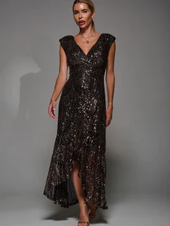 Jolie Moi Occasion Dresses|Sleeveless Dresses-Sequin Asymmetric Ruffle Hem Maxi Dress, Black Gold