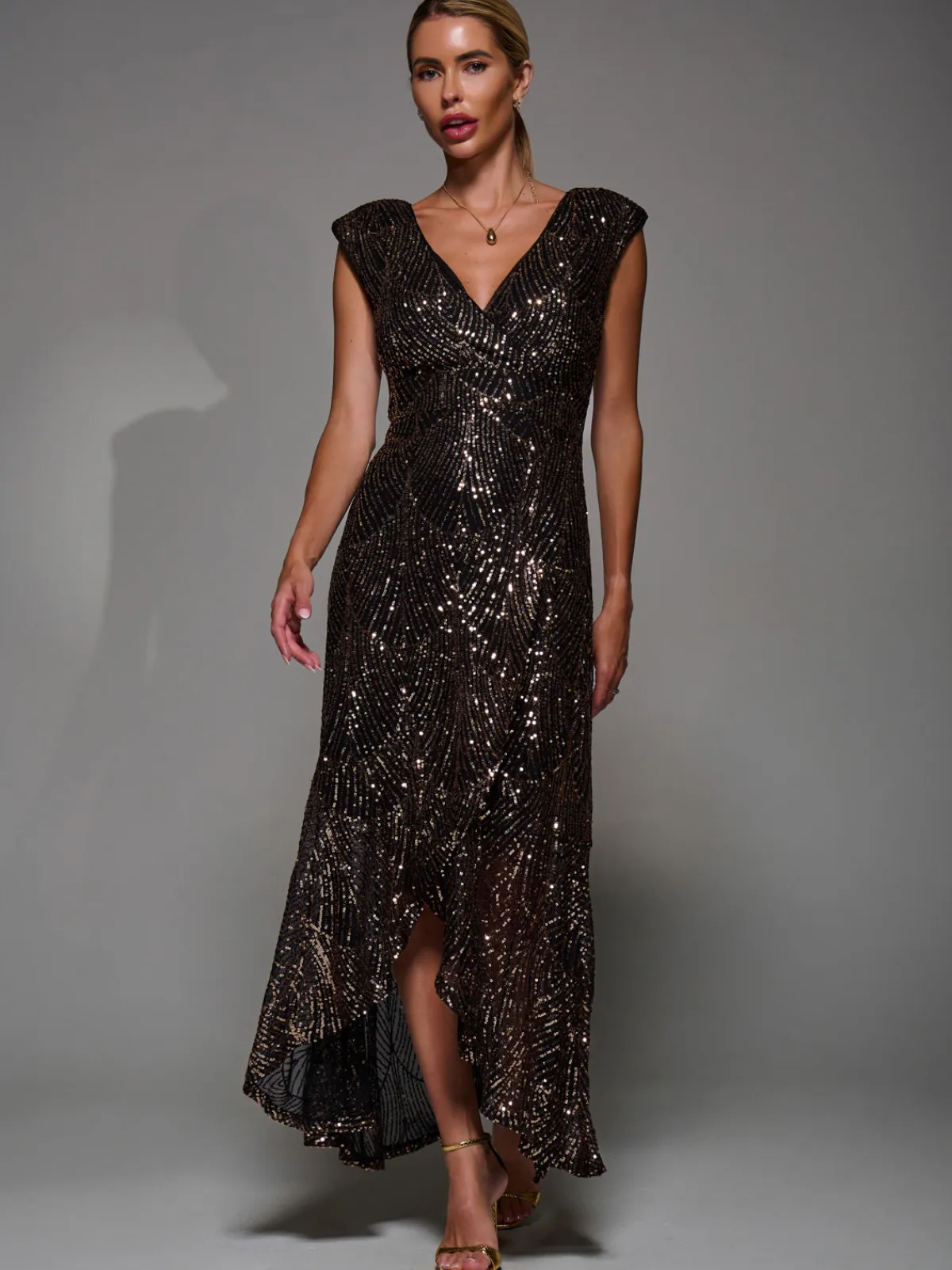 Jolie Moi Occasion Dresses|Sleeveless Dresses-Sequin Asymmetric Ruffle Hem Maxi Dress, Black Gold