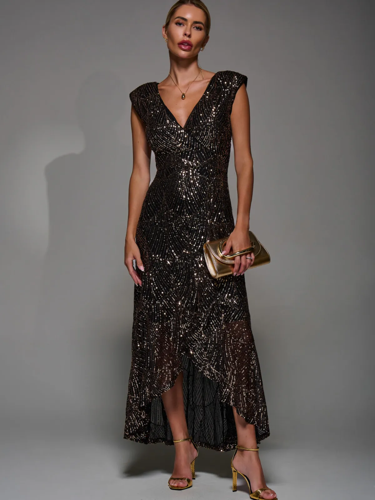 Jolie Moi Occasion Dresses|Sleeveless Dresses-Sequin Asymmetric Ruffle Hem Maxi Dress, Black Gold