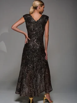Jolie Moi Occasion Dresses|Sleeveless Dresses-Sequin Asymmetric Ruffle Hem Maxi Dress, Black Gold