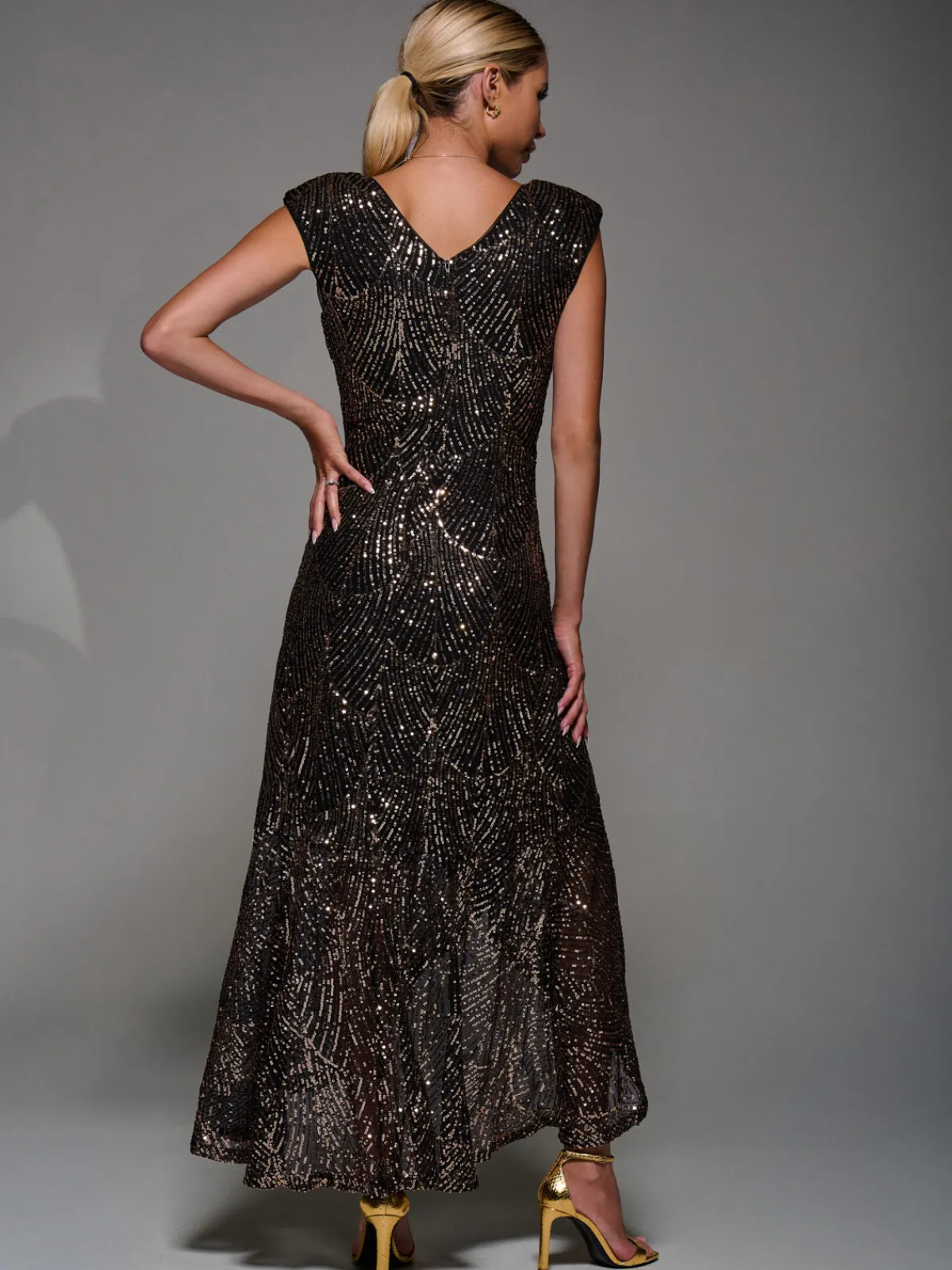 Jolie Moi Occasion Dresses|Sleeveless Dresses-Sequin Asymmetric Ruffle Hem Maxi Dress, Black Gold