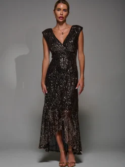 Jolie Moi Occasion Dresses|Sleeveless Dresses-Sequin Asymmetric Ruffle Hem Maxi Dress, Black Gold