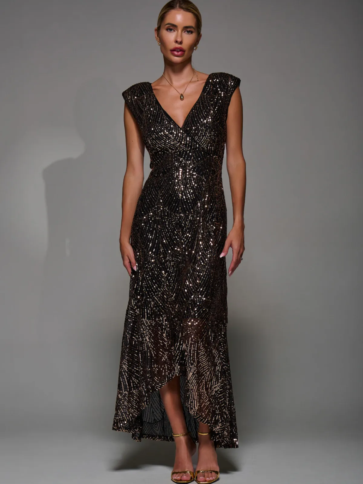 Jolie Moi Occasion Dresses|Sleeveless Dresses-Sequin Asymmetric Ruffle Hem Maxi Dress, Black Gold
