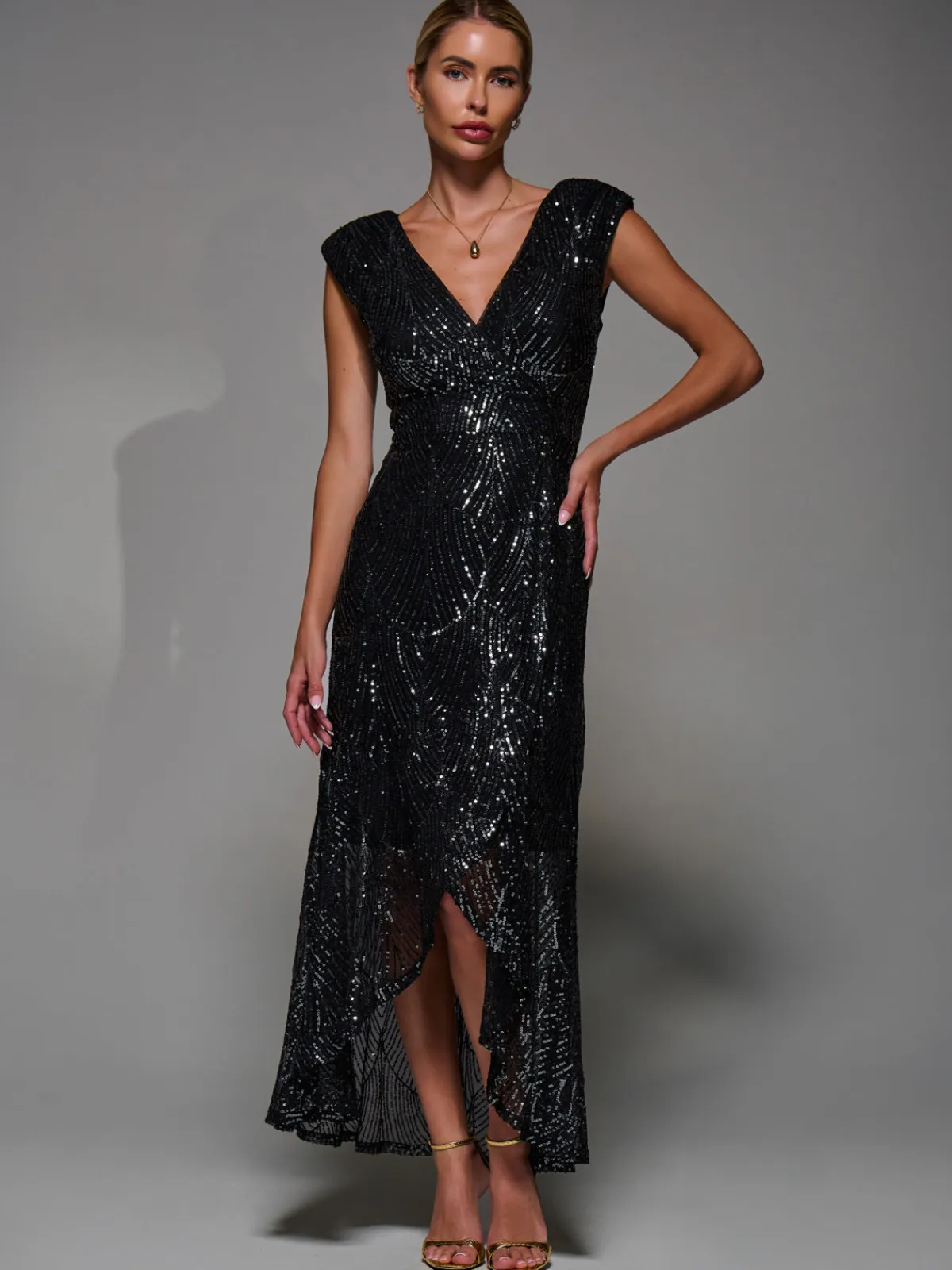 Jolie Moi Occasion Dresses|Sleeveless Dresses-Sequin Asymmetric Ruffle Hem Maxi Dress, Black Nickel
