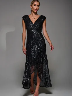 Jolie Moi Occasion Dresses|Sleeveless Dresses-Sequin Asymmetric Ruffle Hem Maxi Dress, Black Nickel