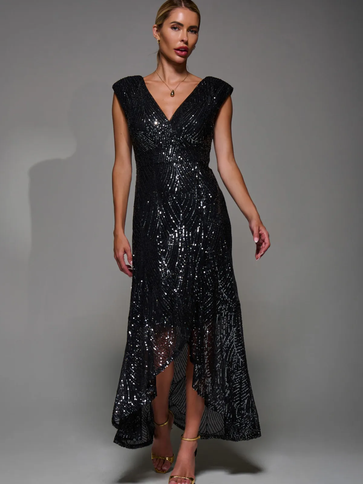Jolie Moi Occasion Dresses|Sleeveless Dresses-Sequin Asymmetric Ruffle Hem Maxi Dress, Black Nickel