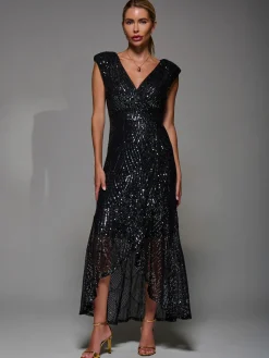 Jolie Moi Occasion Dresses|Sleeveless Dresses-Sequin Asymmetric Ruffle Hem Maxi Dress, Black Nickel