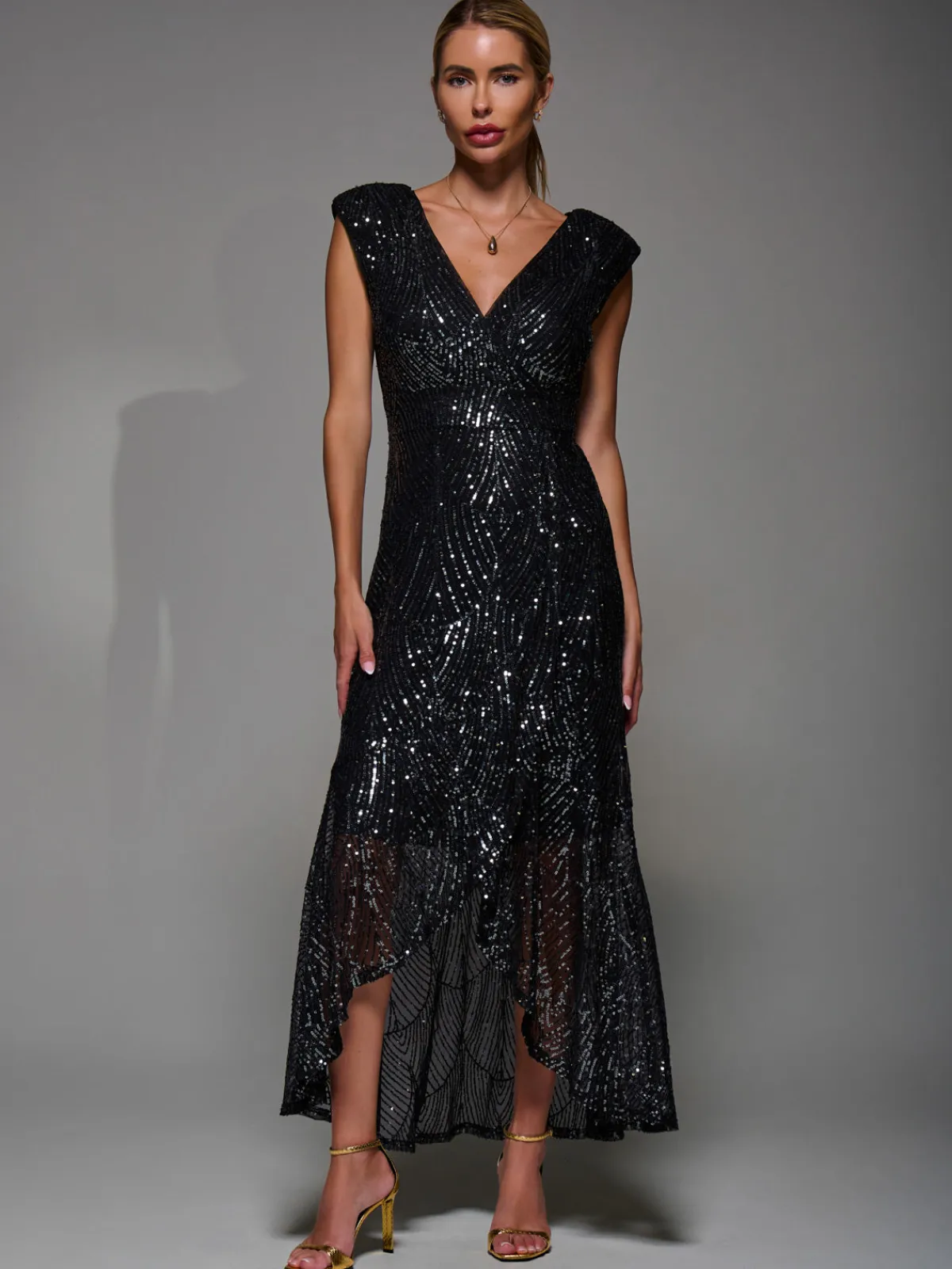 Jolie Moi Occasion Dresses|Sleeveless Dresses-Sequin Asymmetric Ruffle Hem Maxi Dress, Black Nickel