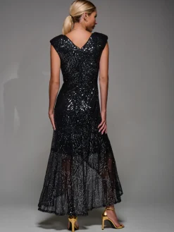 Jolie Moi Occasion Dresses|Sleeveless Dresses-Sequin Asymmetric Ruffle Hem Maxi Dress, Black Nickel