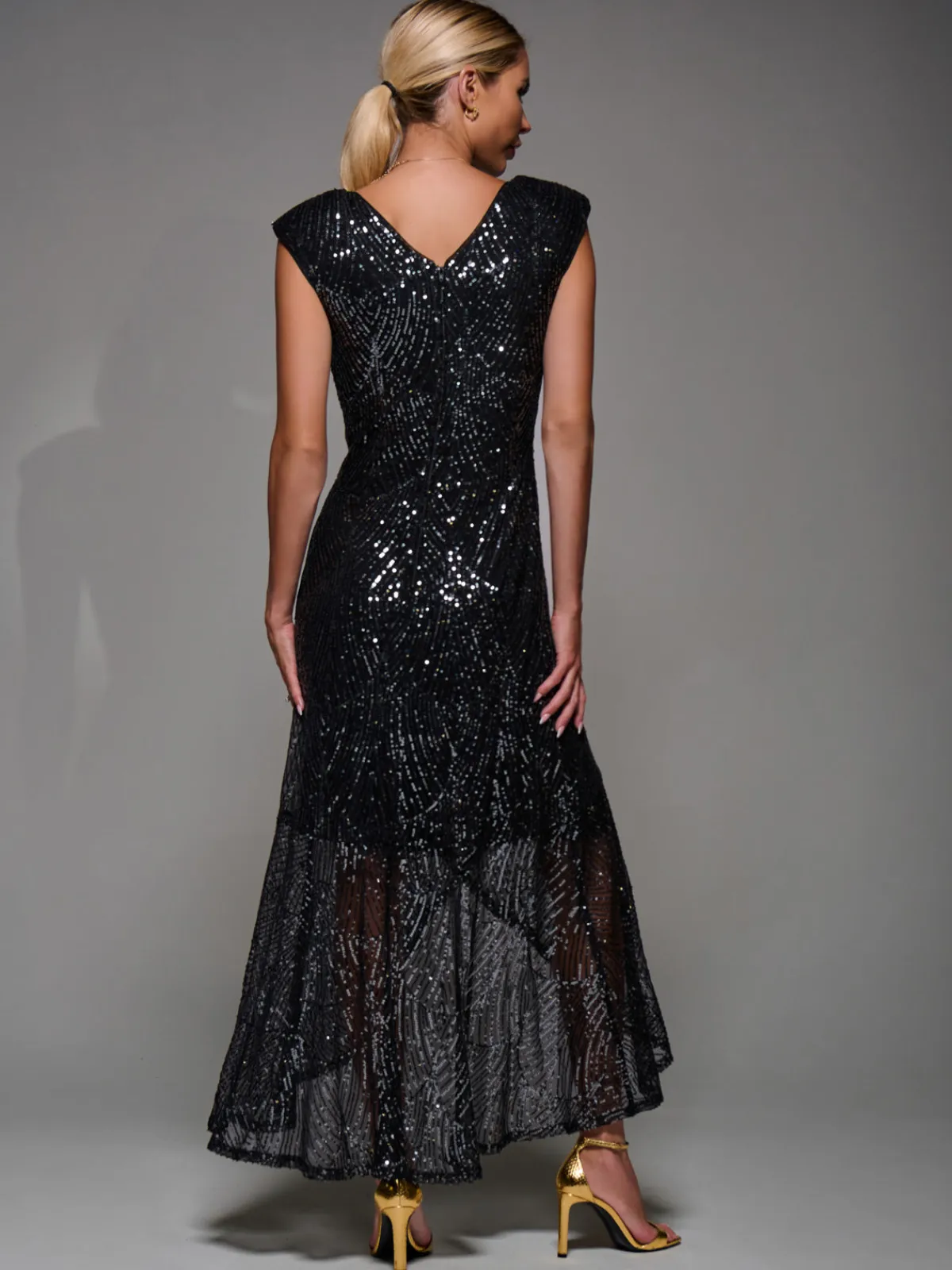 Jolie Moi Occasion Dresses|Sleeveless Dresses-Sequin Asymmetric Ruffle Hem Maxi Dress, Black Nickel