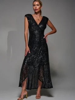 Jolie Moi Occasion Dresses|Sleeveless Dresses-Sequin Asymmetric Ruffle Hem Maxi Dress, Black Nickel