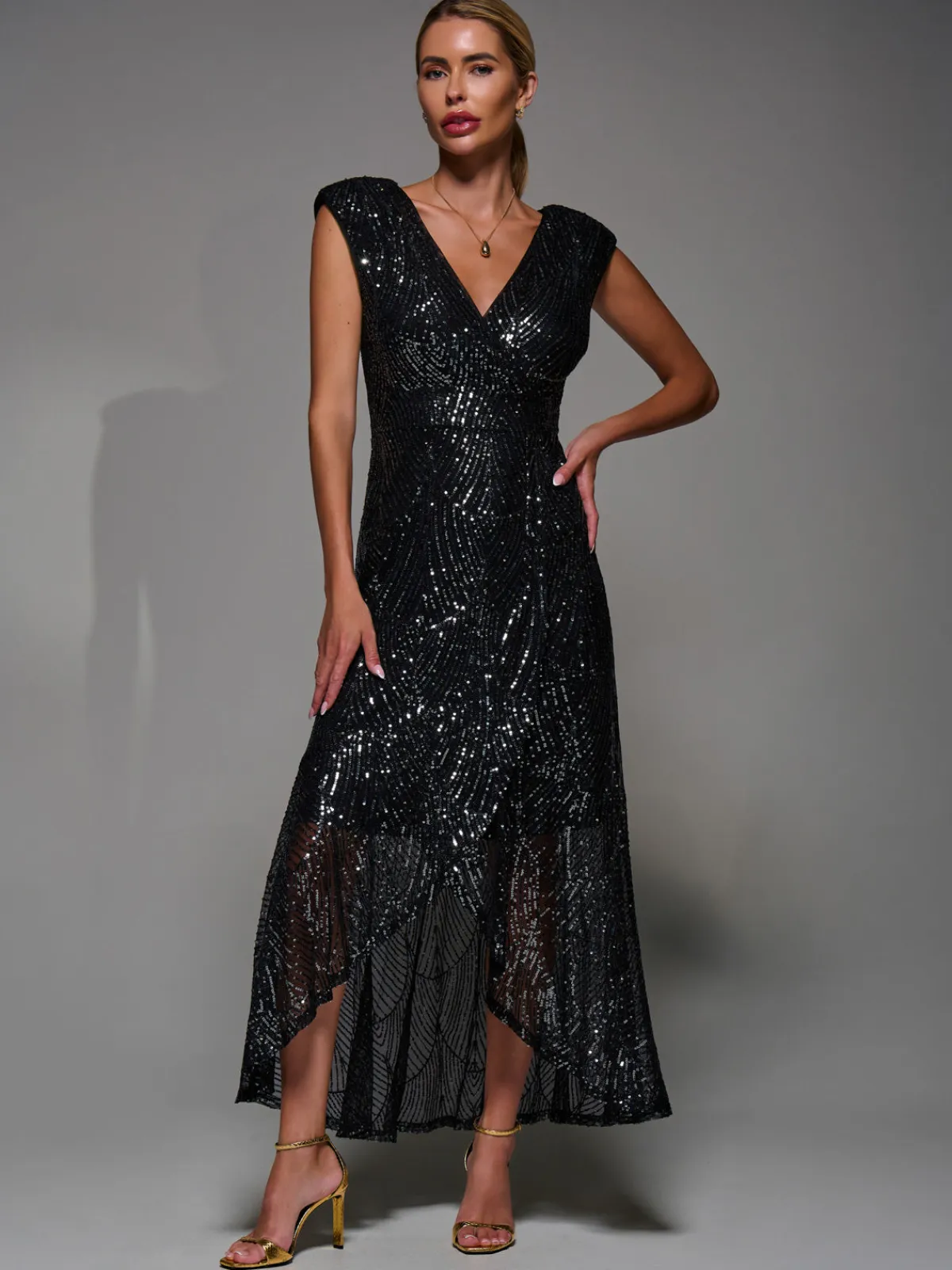 Jolie Moi Occasion Dresses|Sleeveless Dresses-Sequin Asymmetric Ruffle Hem Maxi Dress, Black Nickel