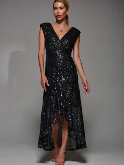 Jolie Moi Occasion Dresses|Sleeveless Dresses-Sequin Asymmetric Ruffle Hem Maxi Dress, Black Nickel