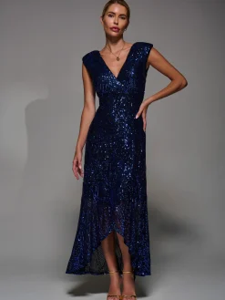 Jolie Moi Occasion Dresses|Sleeveless Dresses-Sequin Asymmetric Ruffle Hem Maxi Dress, Black Royal Blue