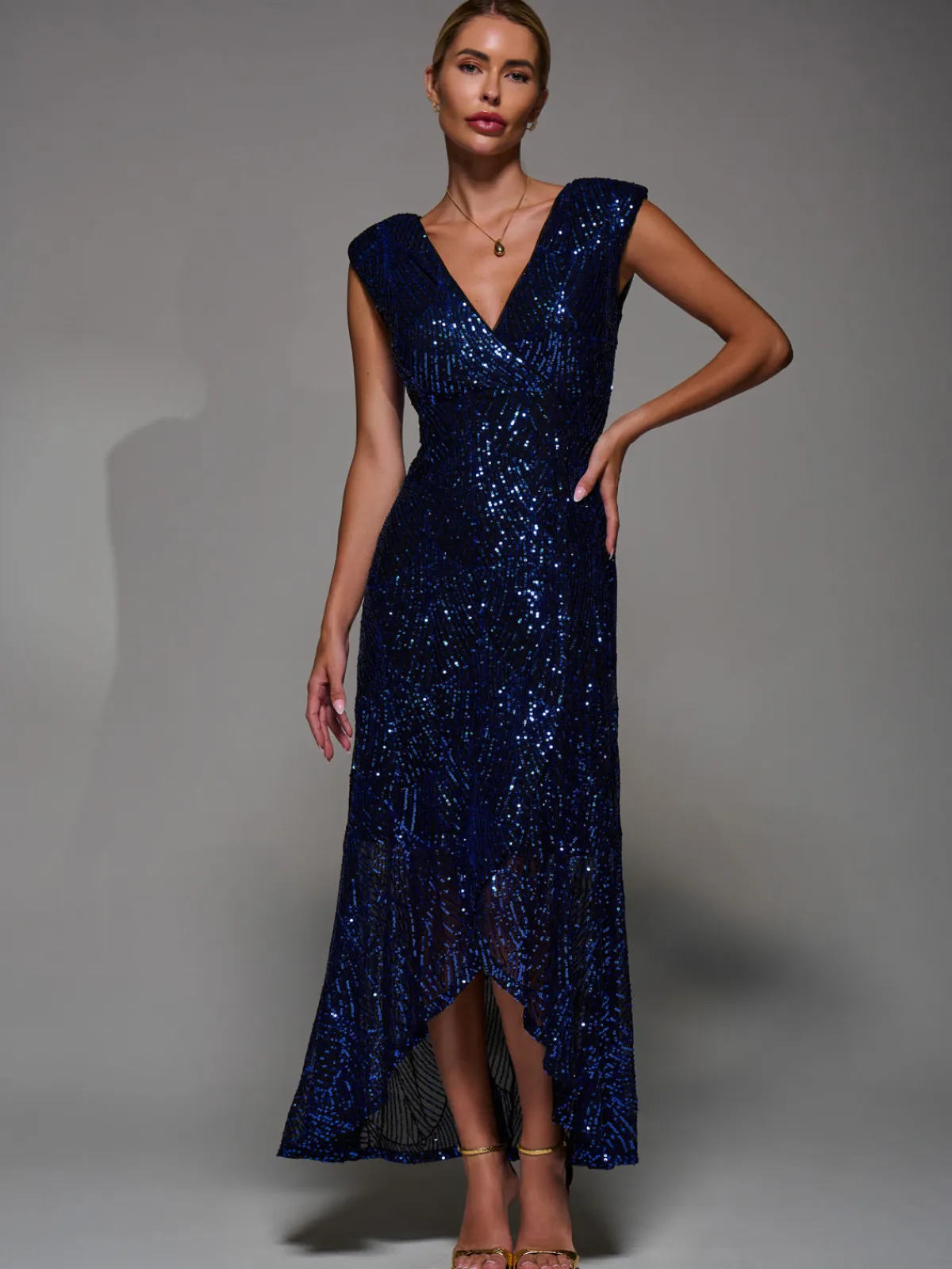 Jolie Moi Occasion Dresses|Sleeveless Dresses-Sequin Asymmetric Ruffle Hem Maxi Dress, Black Royal Blue