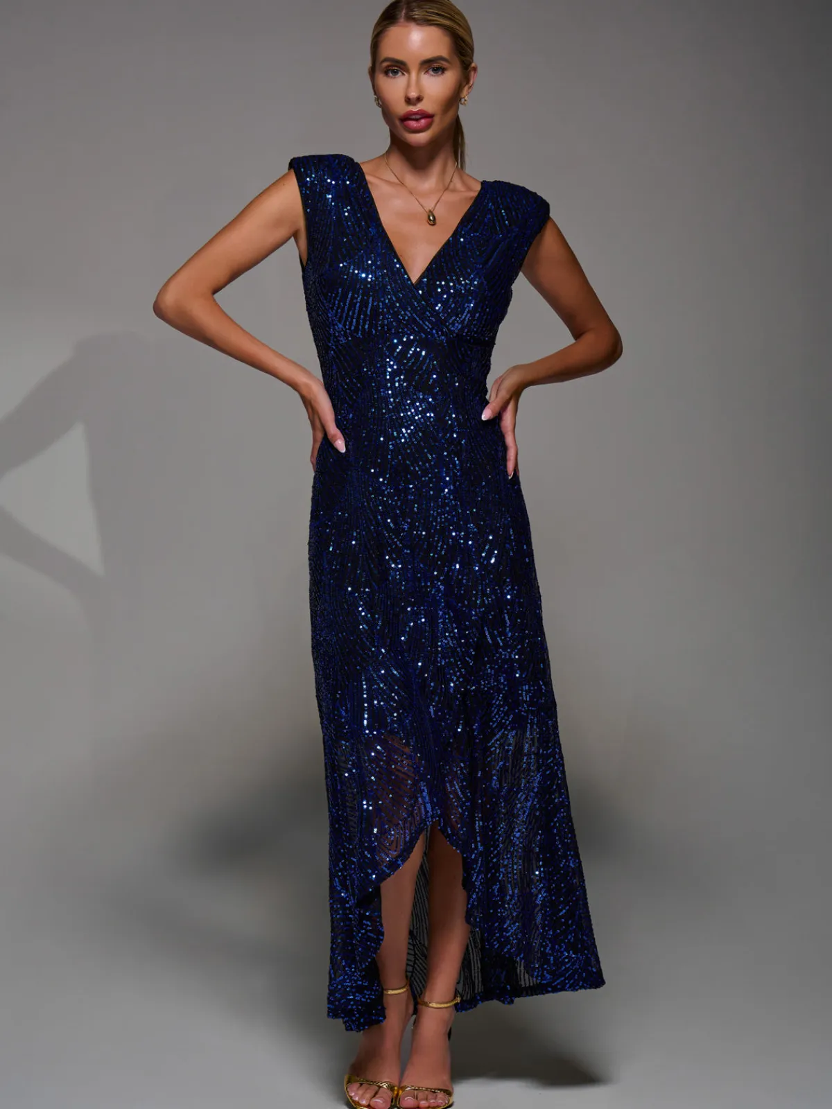 Jolie Moi Occasion Dresses|Sleeveless Dresses-Sequin Asymmetric Ruffle Hem Maxi Dress, Black Royal Blue