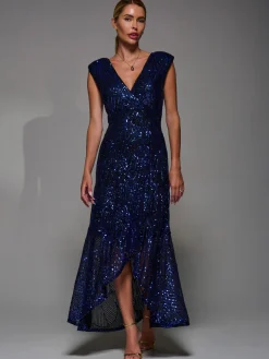 Jolie Moi Occasion Dresses|Sleeveless Dresses-Sequin Asymmetric Ruffle Hem Maxi Dress, Black Royal Blue