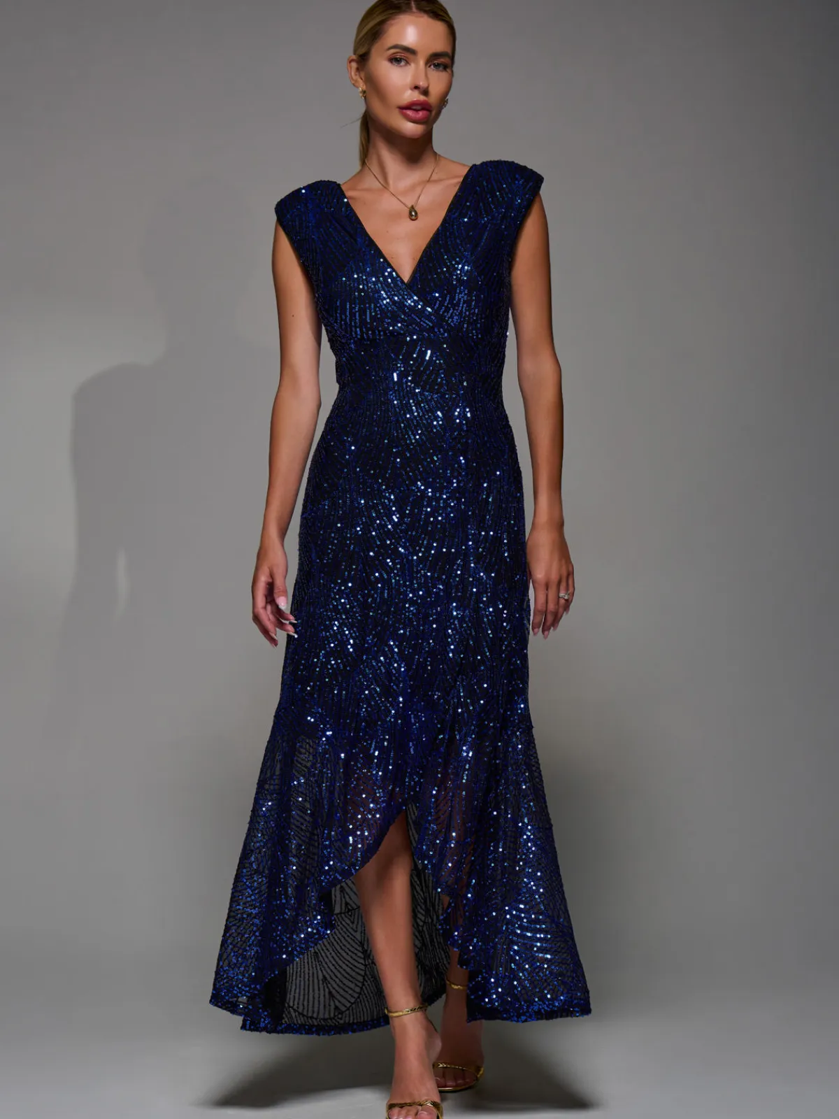 Jolie Moi Occasion Dresses|Sleeveless Dresses-Sequin Asymmetric Ruffle Hem Maxi Dress, Black Royal Blue