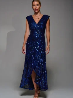 Jolie Moi Occasion Dresses|Sleeveless Dresses-Sequin Asymmetric Ruffle Hem Maxi Dress, Black Royal Blue