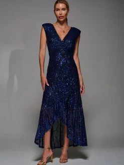 Jolie Moi Occasion Dresses|Sleeveless Dresses-Sequin Asymmetric Ruffle Hem Maxi Dress, Black Royal Blue