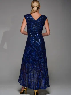 Jolie Moi Occasion Dresses|Sleeveless Dresses-Sequin Asymmetric Ruffle Hem Maxi Dress, Black Royal Blue