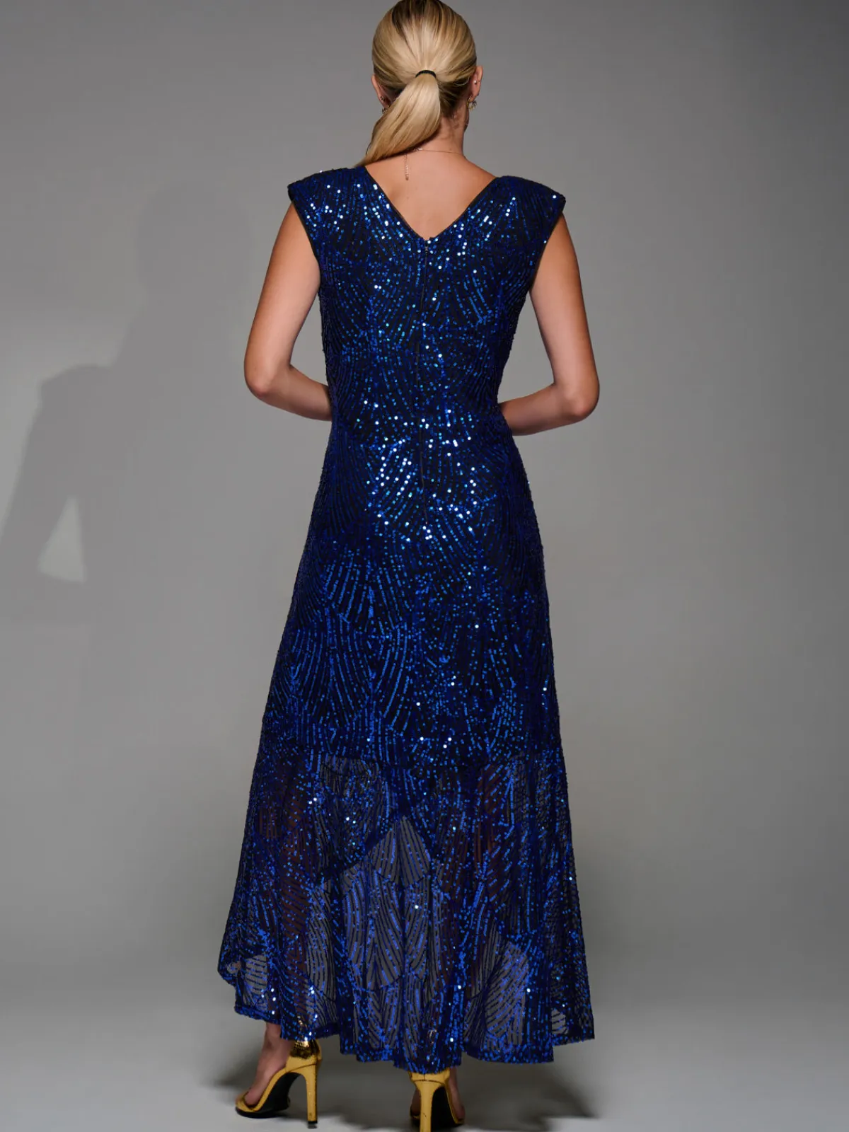 Jolie Moi Occasion Dresses|Sleeveless Dresses-Sequin Asymmetric Ruffle Hem Maxi Dress, Black Royal Blue