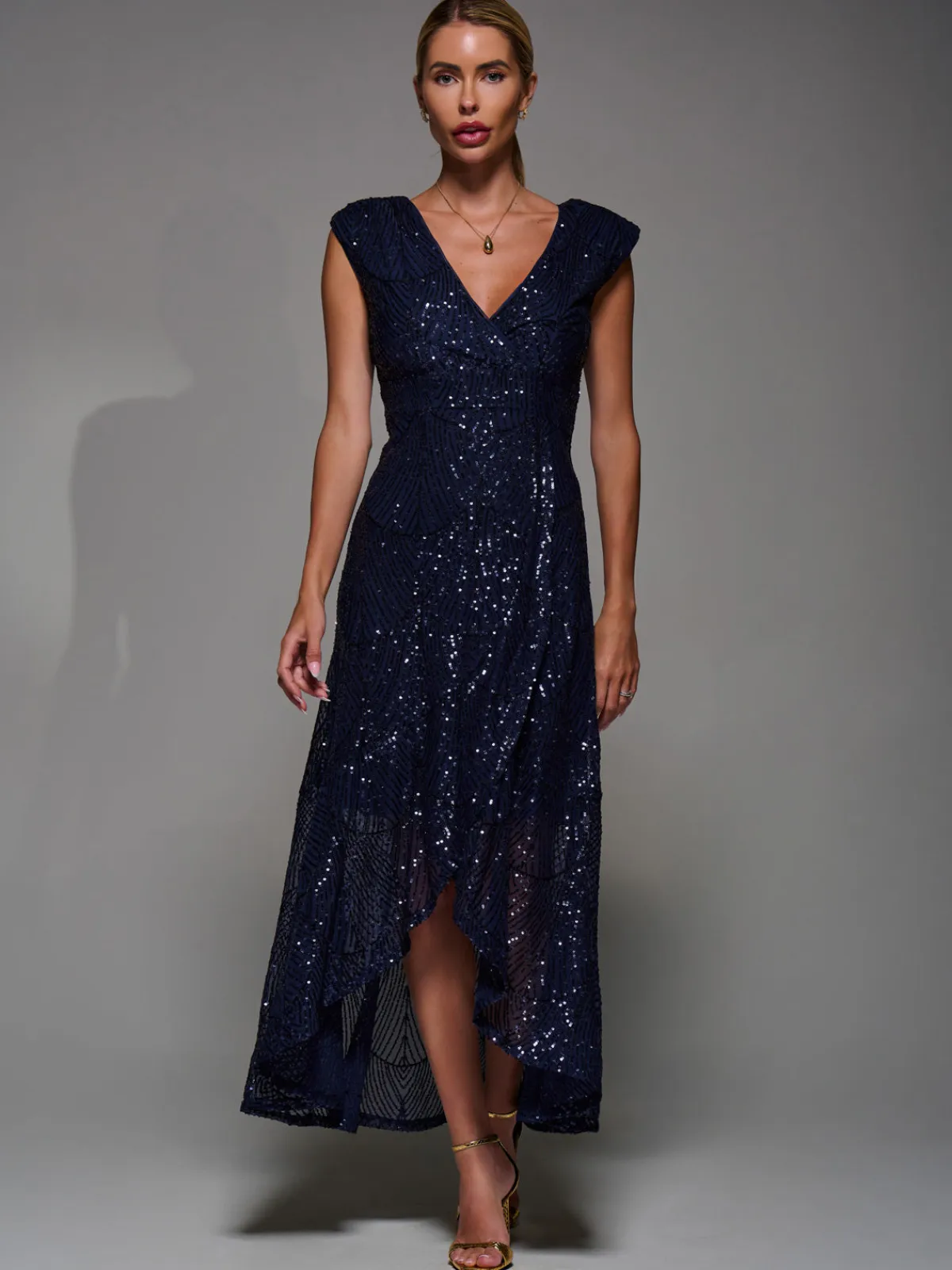Jolie Moi Occasion Dresses|Sleeveless Dresses-Sequin Asymmetric Ruffle Hem Maxi Dress, Navy