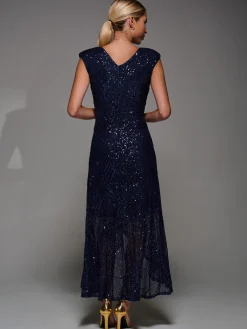 Jolie Moi Occasion Dresses|Sleeveless Dresses-Sequin Asymmetric Ruffle Hem Maxi Dress, Navy