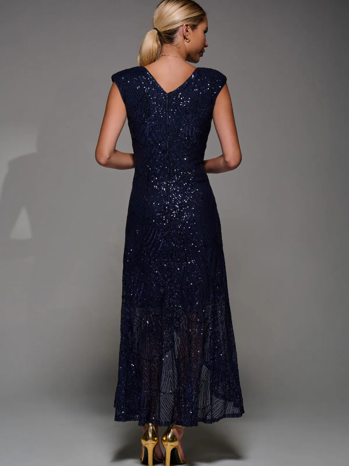 Jolie Moi Occasion Dresses|Sleeveless Dresses-Sequin Asymmetric Ruffle Hem Maxi Dress, Navy