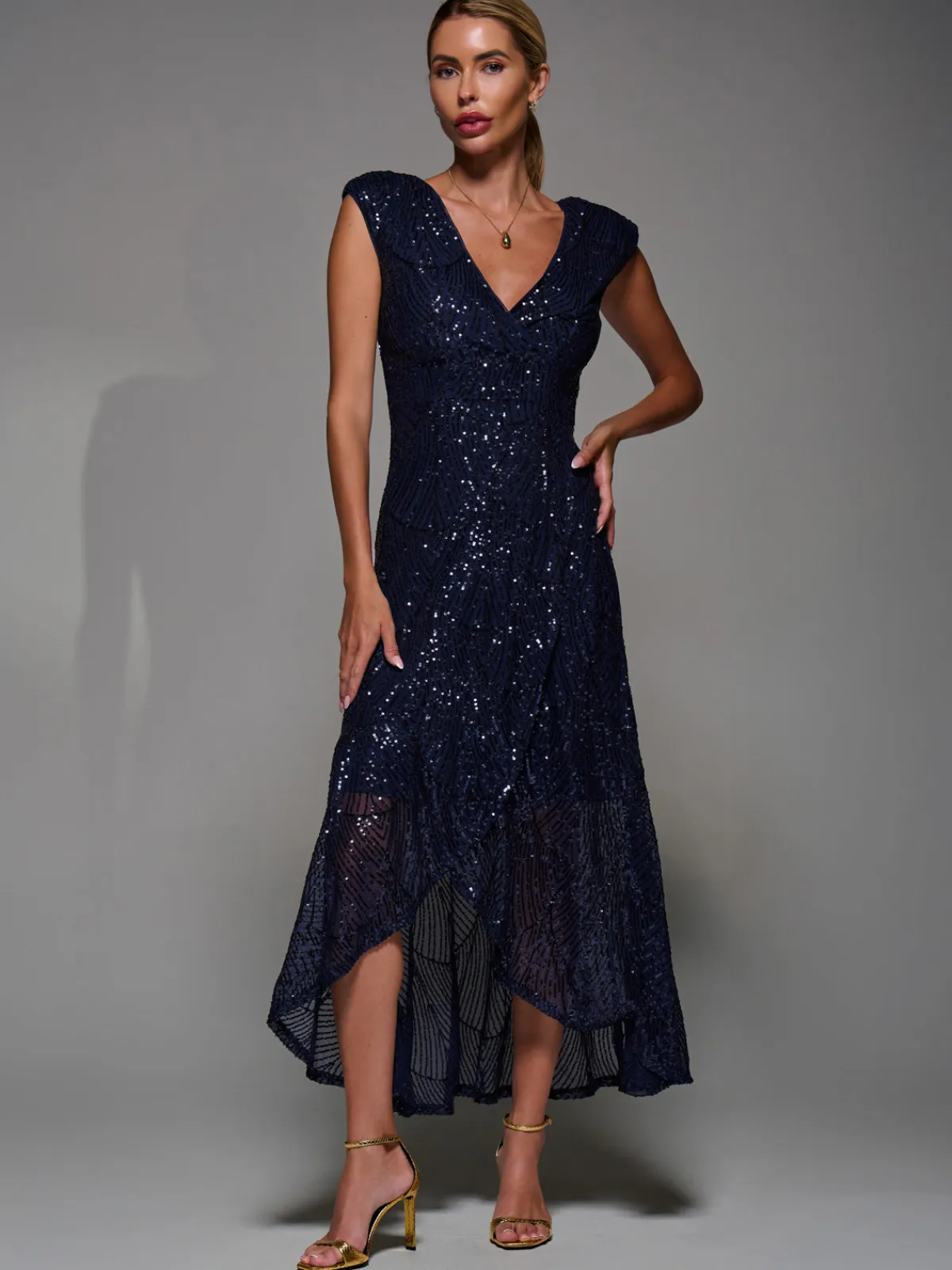 Jolie Moi Occasion Dresses|Sleeveless Dresses-Sequin Asymmetric Ruffle Hem Maxi Dress, Navy