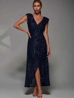 Jolie Moi Occasion Dresses|Sleeveless Dresses-Sequin Asymmetric Ruffle Hem Maxi Dress, Navy