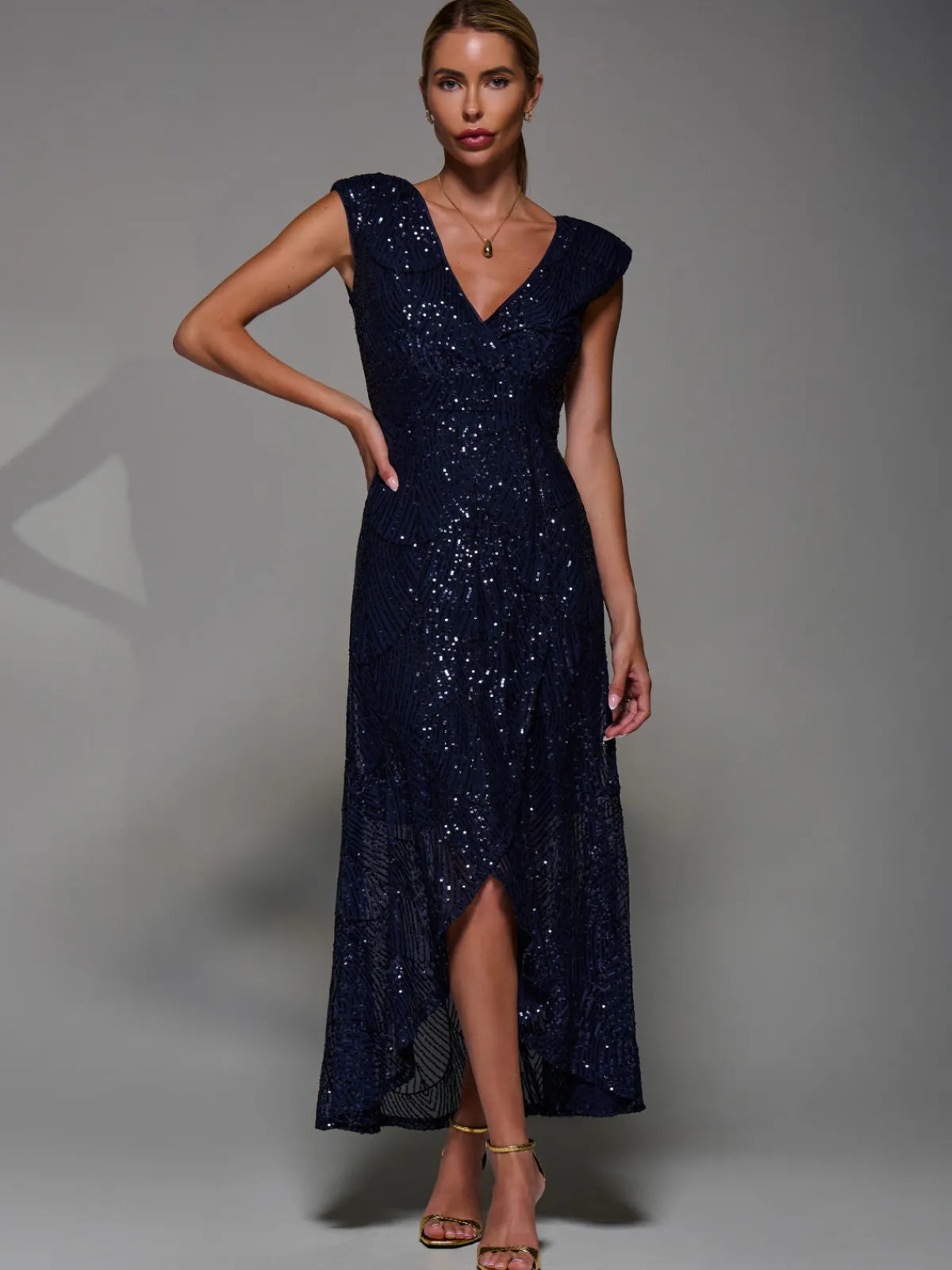 Jolie Moi Occasion Dresses|Sleeveless Dresses-Sequin Asymmetric Ruffle Hem Maxi Dress, Navy