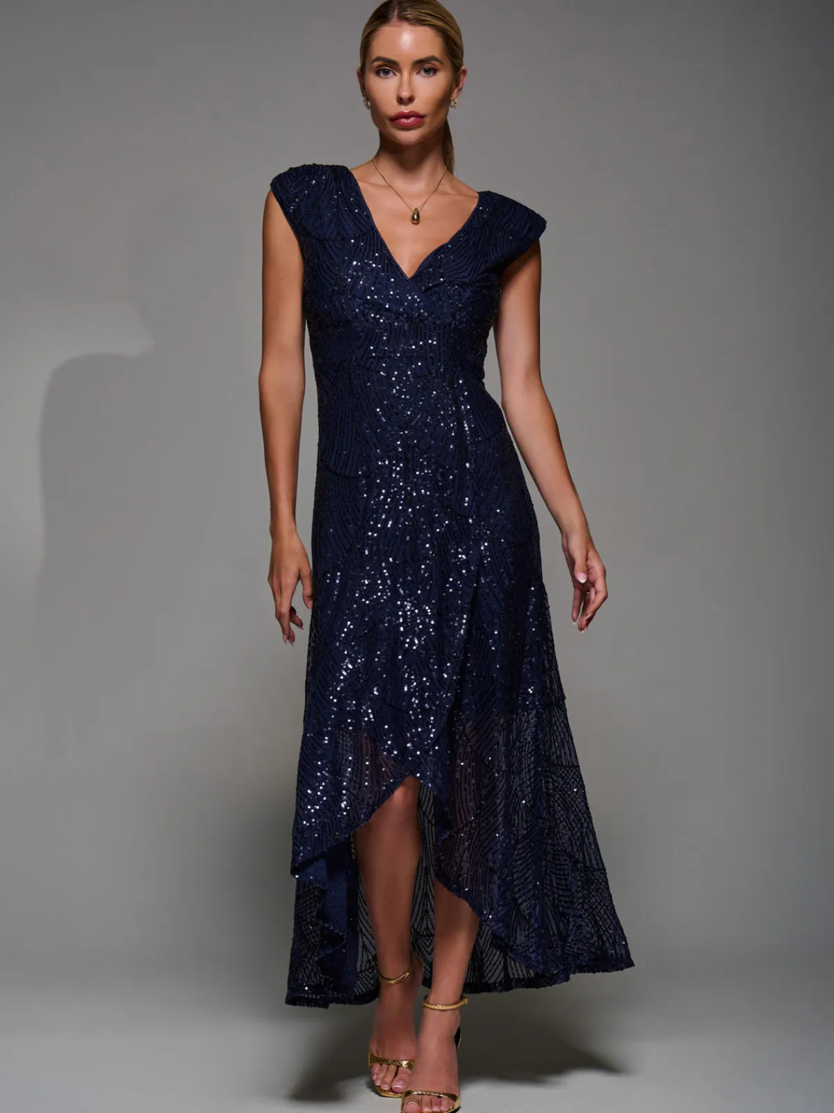 Jolie Moi Occasion Dresses|Sleeveless Dresses-Sequin Asymmetric Ruffle Hem Maxi Dress, Navy