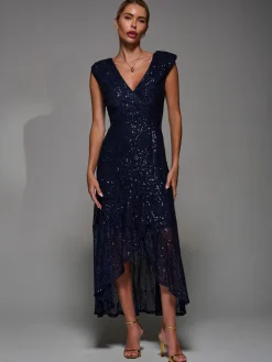 Jolie Moi Occasion Dresses|Sleeveless Dresses-Sequin Asymmetric Ruffle Hem Maxi Dress, Navy