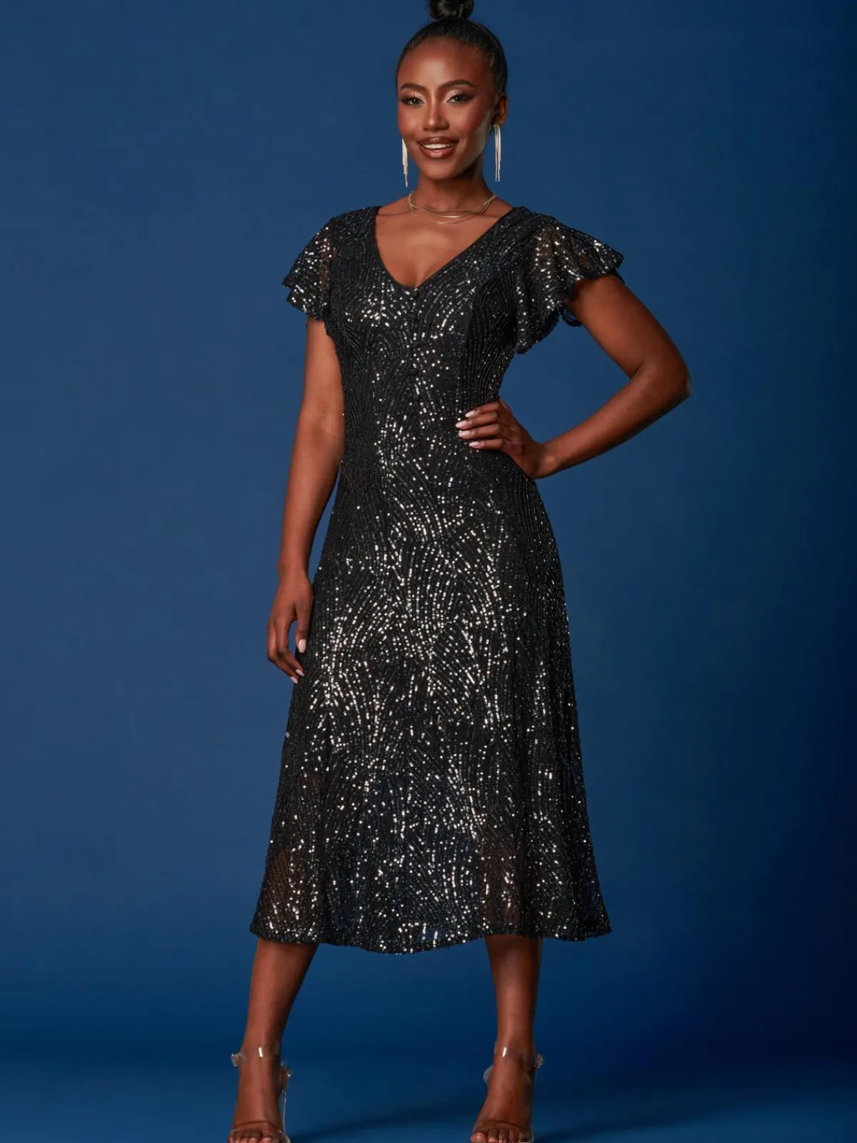 Jolie Moi Occasion Dresses|Party Dresses-Sequin Fit & Flare Maxi Dress, Black
